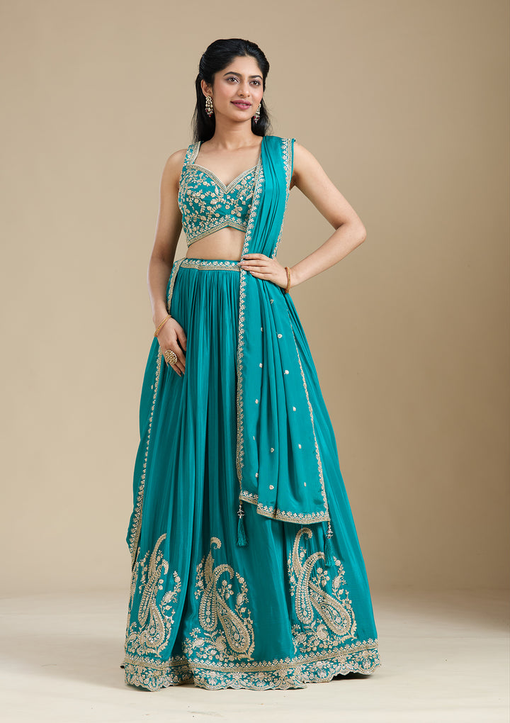Turquoise Blue Zariwork (Gold) Crepe Readymade Lehenga