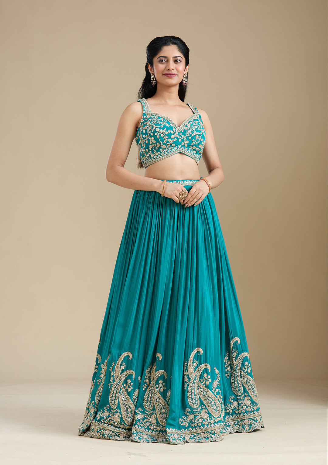 Mehandi Green Zariwork (Gold) Crepe Readymade Lehenga