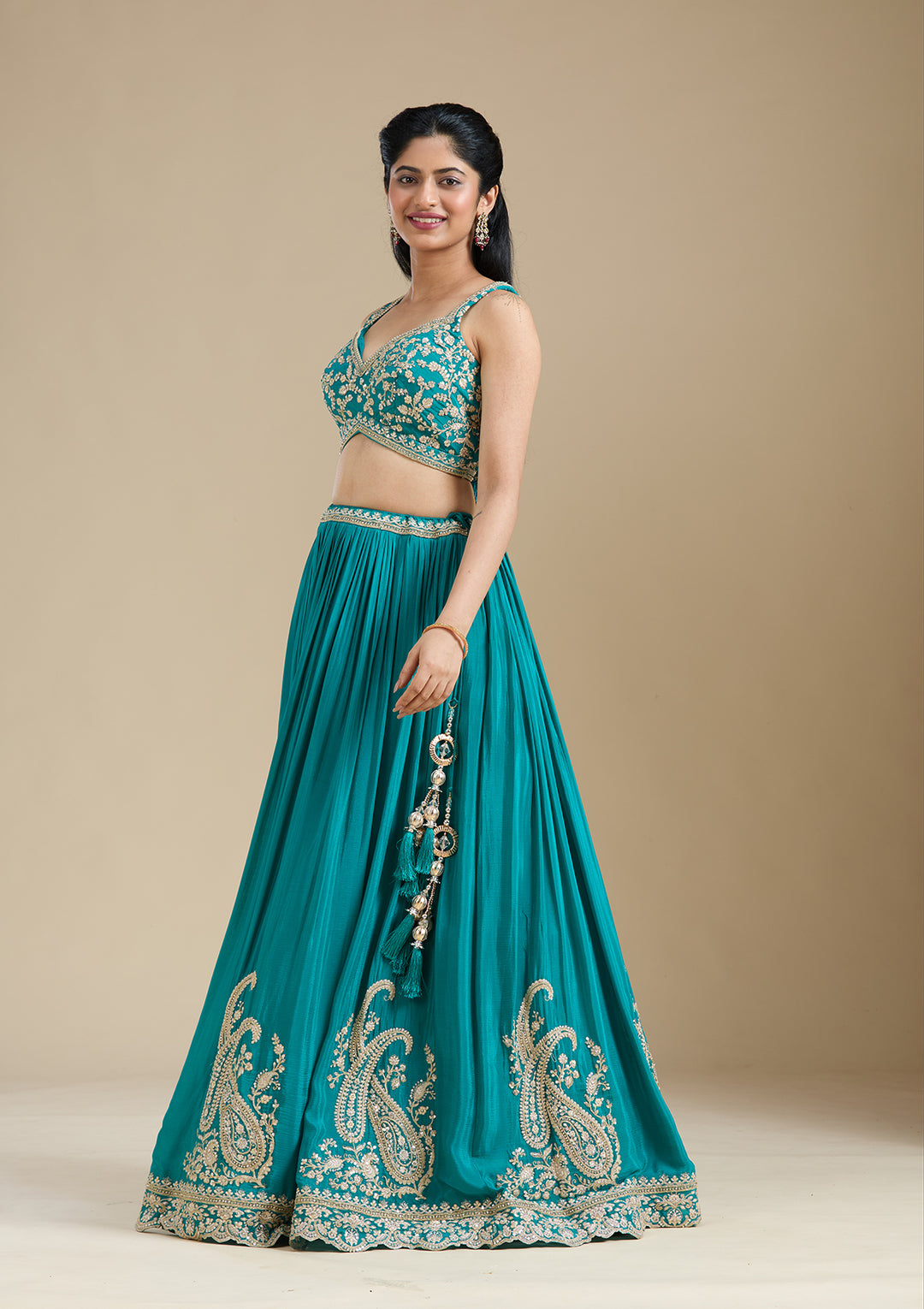 Turquoise Blue Zariwork (Gold) Crepe Readymade Lehenga