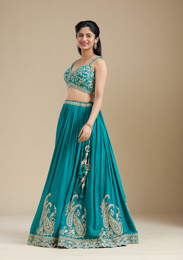 Turquoise Blue Zariwork (Gold) Crepe Readymade Lehenga