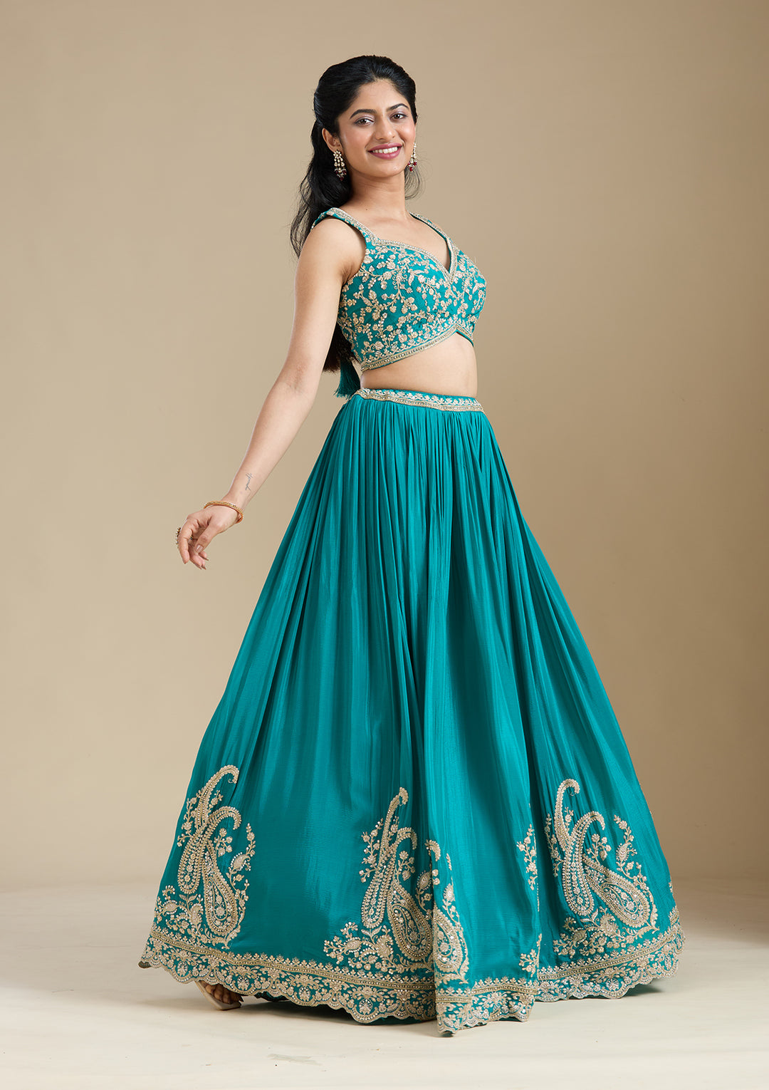 Turquoise Blue Zariwork (Gold) Crepe Readymade Lehenga