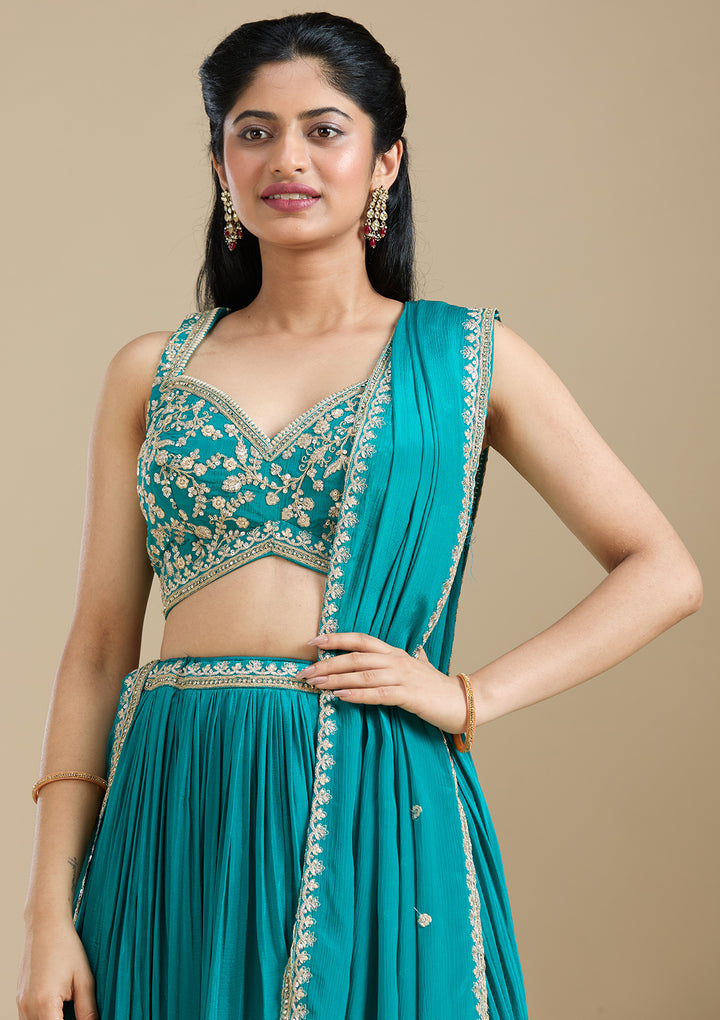 Turquoise Blue Zariwork (Gold) Crepe Readymade Lehenga