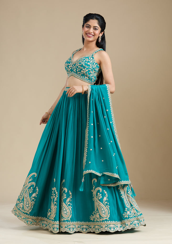 Turquoise Blue Zariwork (Gold) Crepe Readymade Lehenga