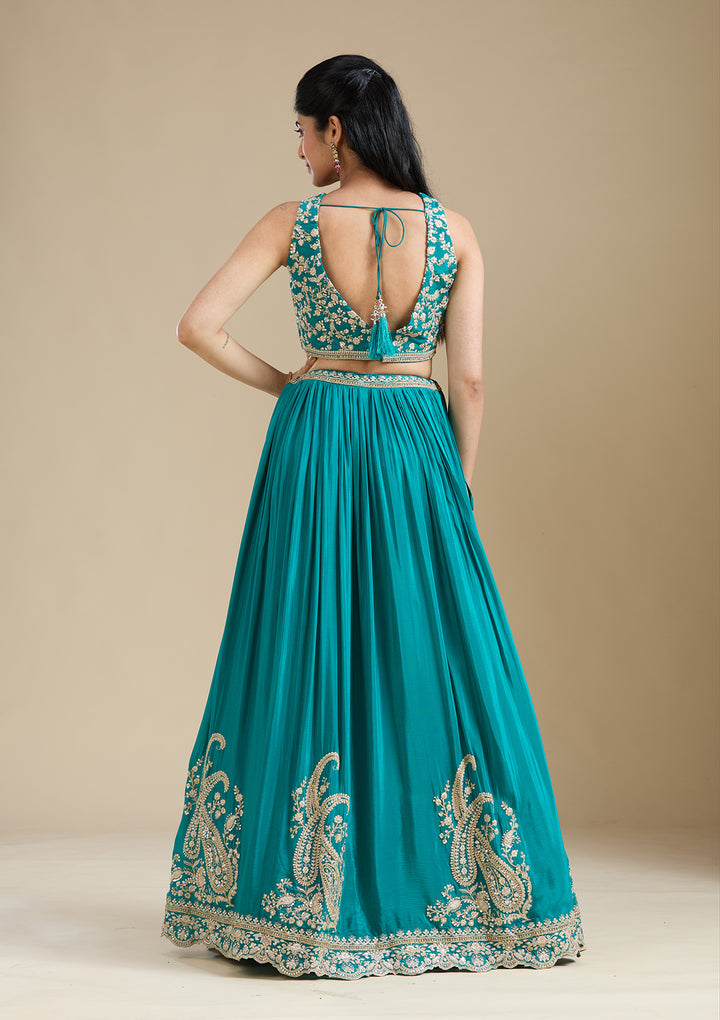 Mehandi Green Zariwork (Gold) Crepe Readymade Lehenga