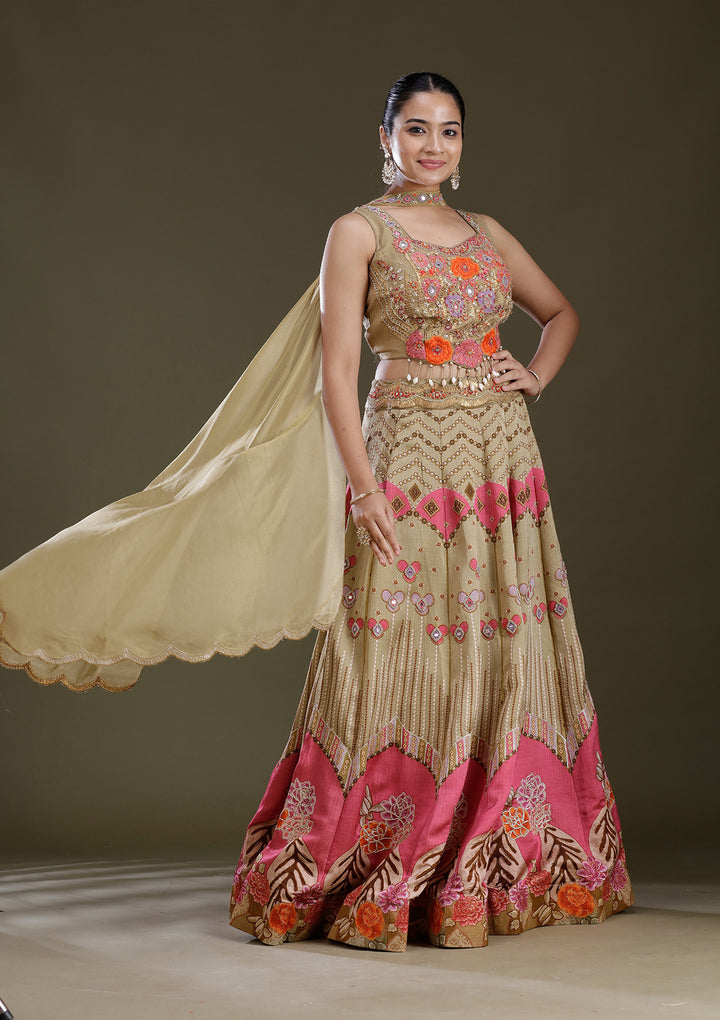 Pista Green Threadwork Art Silk Readymade Lehenga