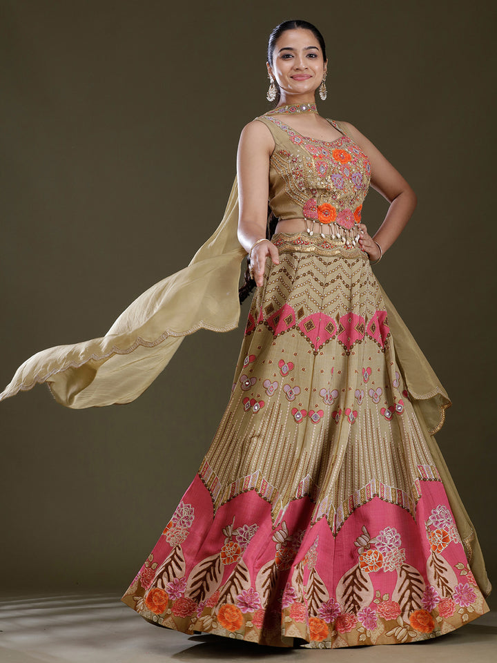 Pista Green Threadwork Art Silk Readymade Lehenga