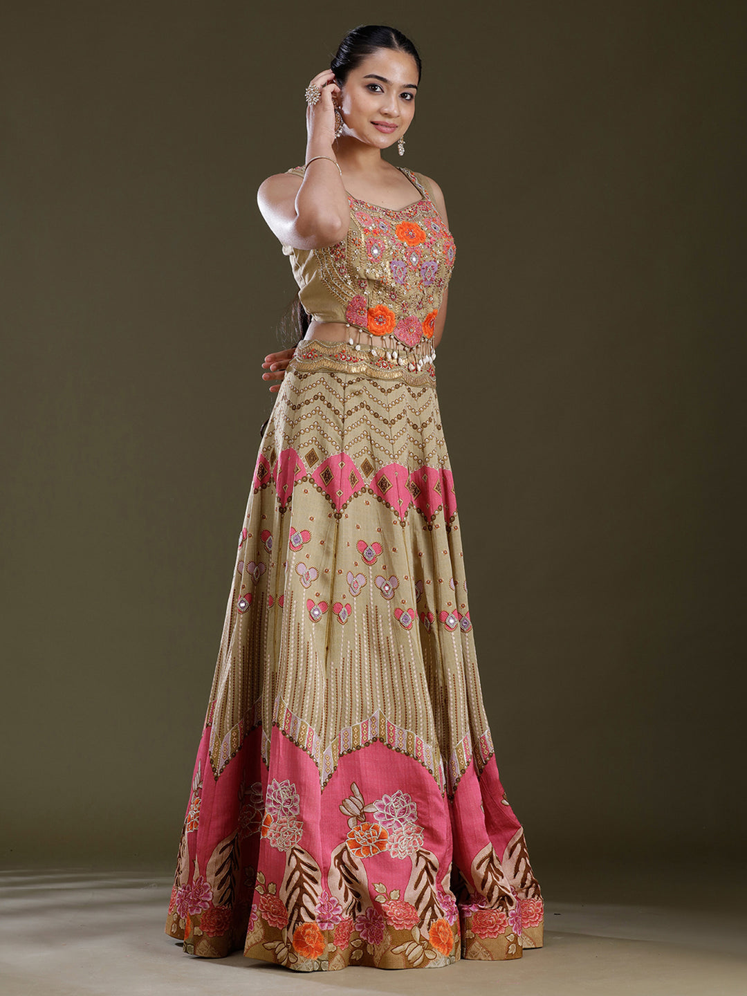 Pista Green Threadwork Art Silk Readymade Lehenga