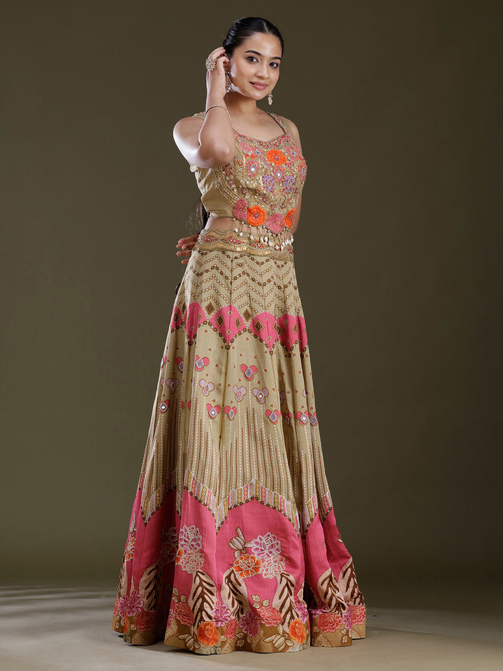 Pista Green Threadwork Art Silk Readymade Lehenga