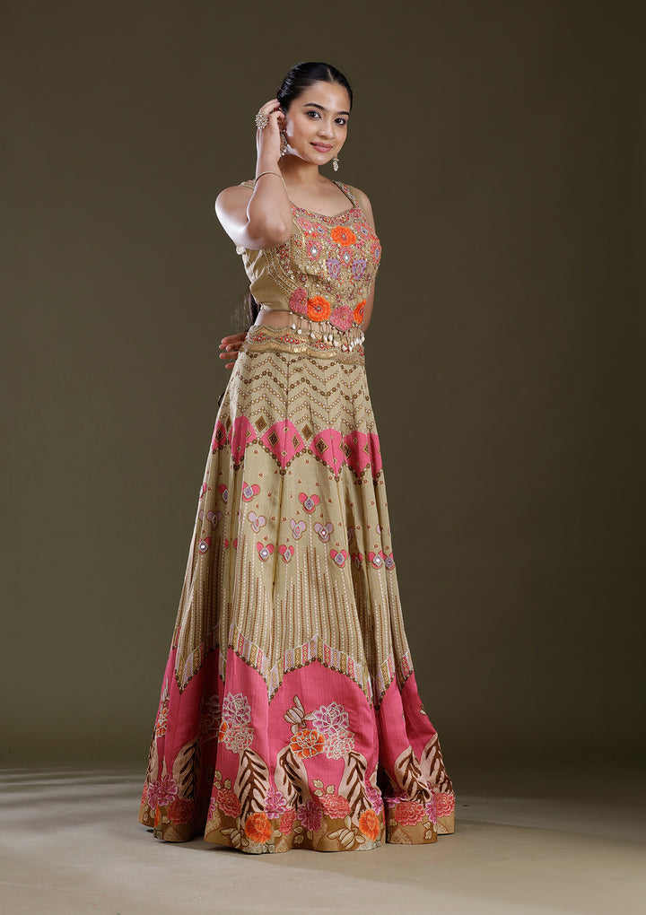 Pista Green Threadwork Art Silk Readymade Lehenga