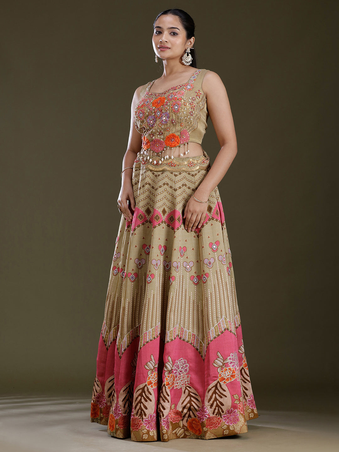 Pista Green Threadwork Art Silk Readymade Lehenga