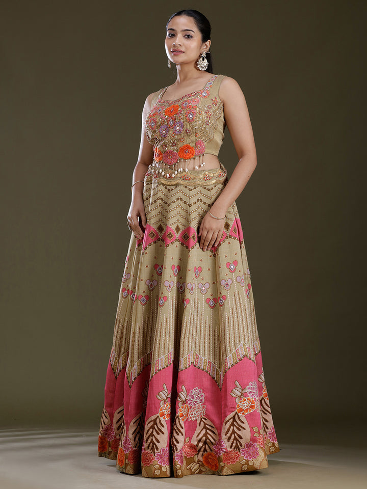 Pista Green Threadwork Art Silk Readymade Lehenga