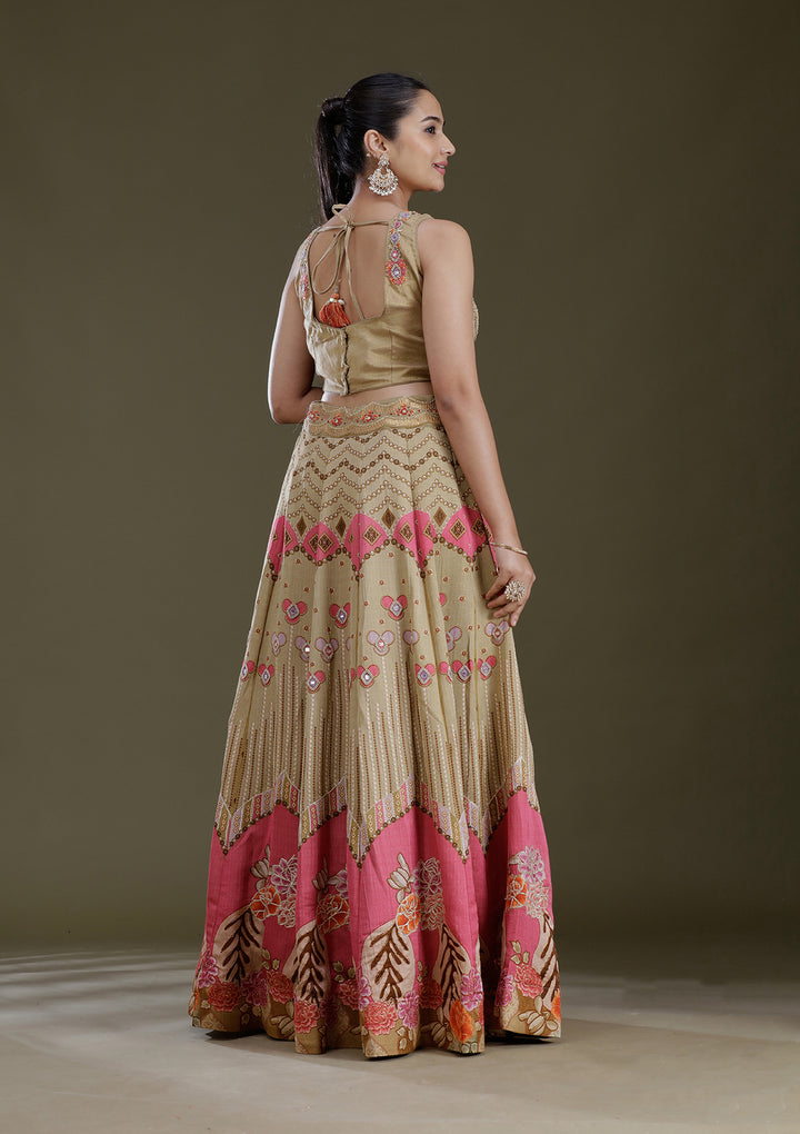 Pista Green Threadwork Art Silk Readymade Lehenga