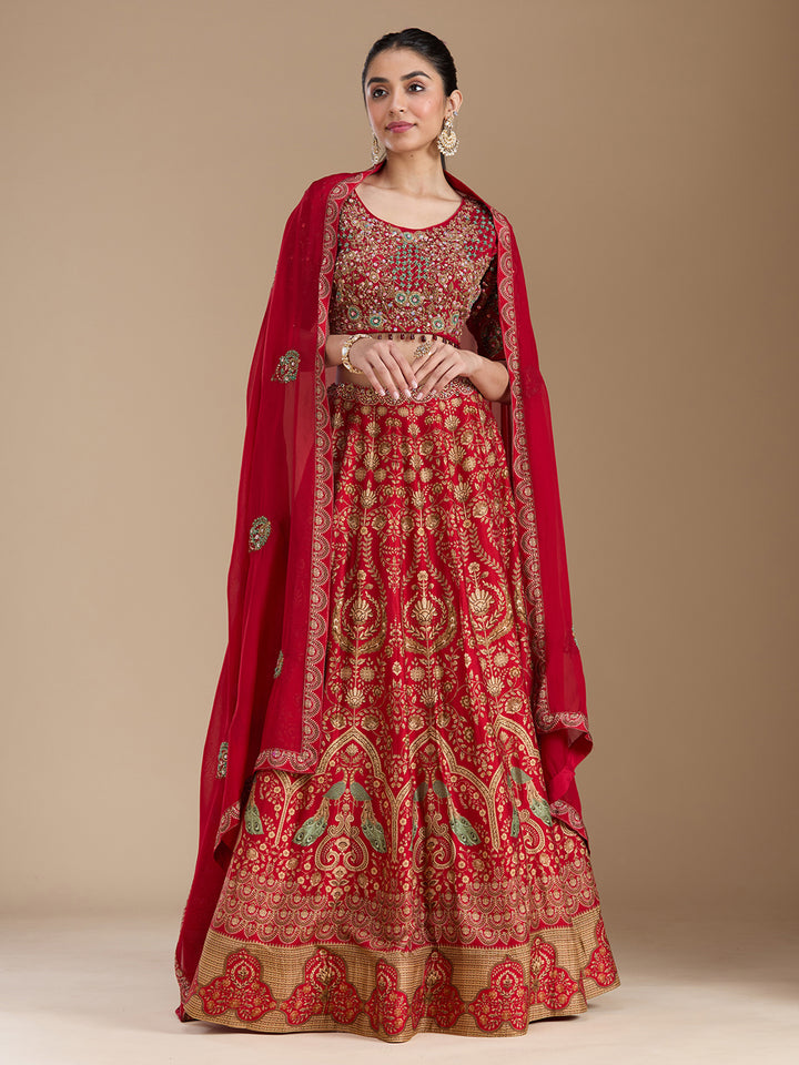 Red Threadwork Art Silk Readymade Lehenga