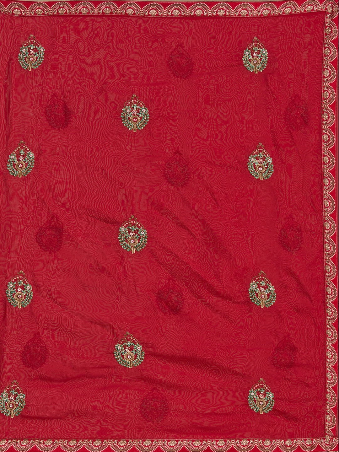 Red Threadwork Art Silk Readymade Lehenga