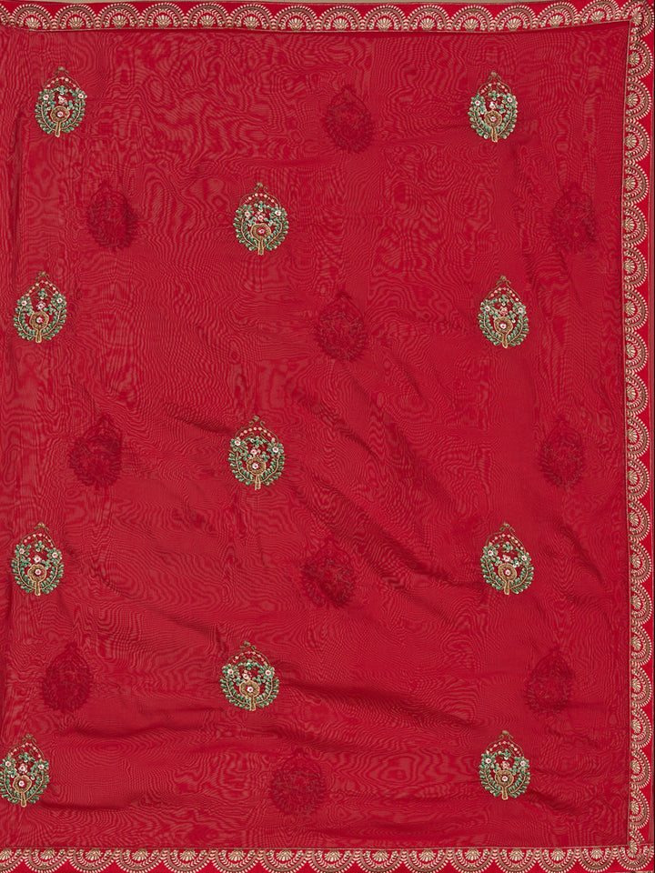 Red Threadwork Art Silk Readymade Lehenga