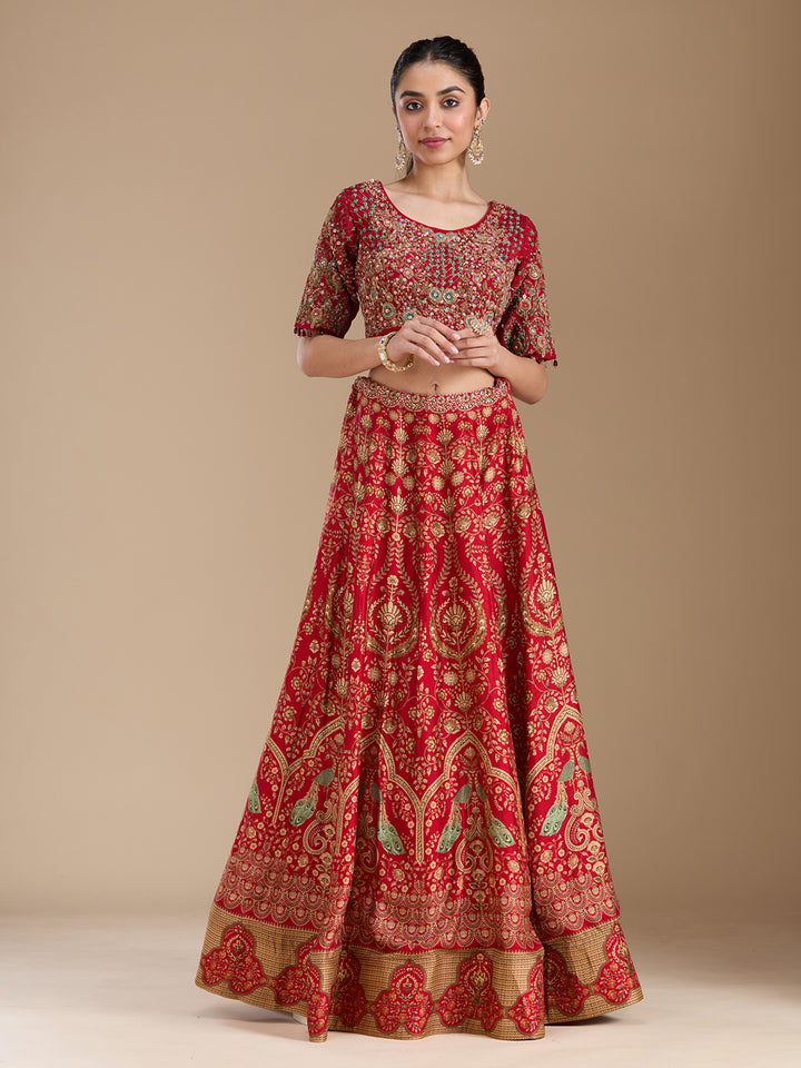 Red Threadwork Art Silk Readymade Lehenga