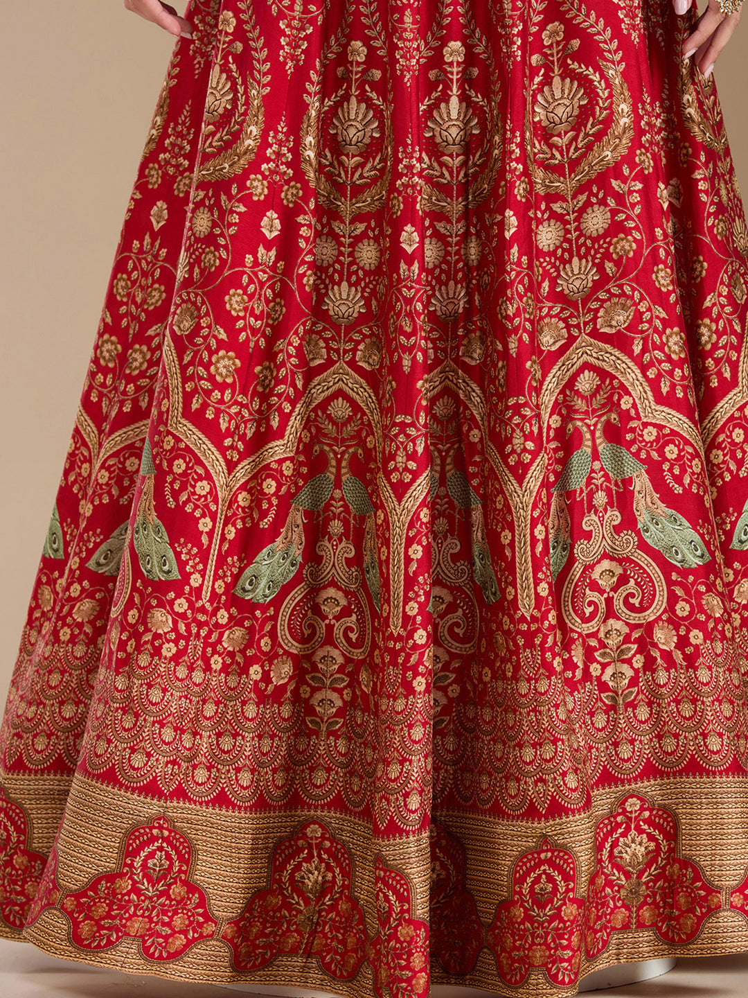 Red Threadwork Art Silk Readymade Lehenga