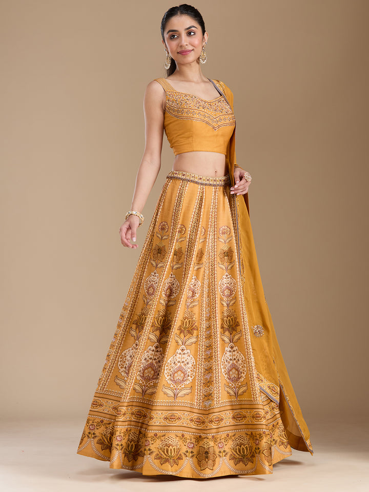 Yellow Threadwork Art Silk Readymade Lehenga