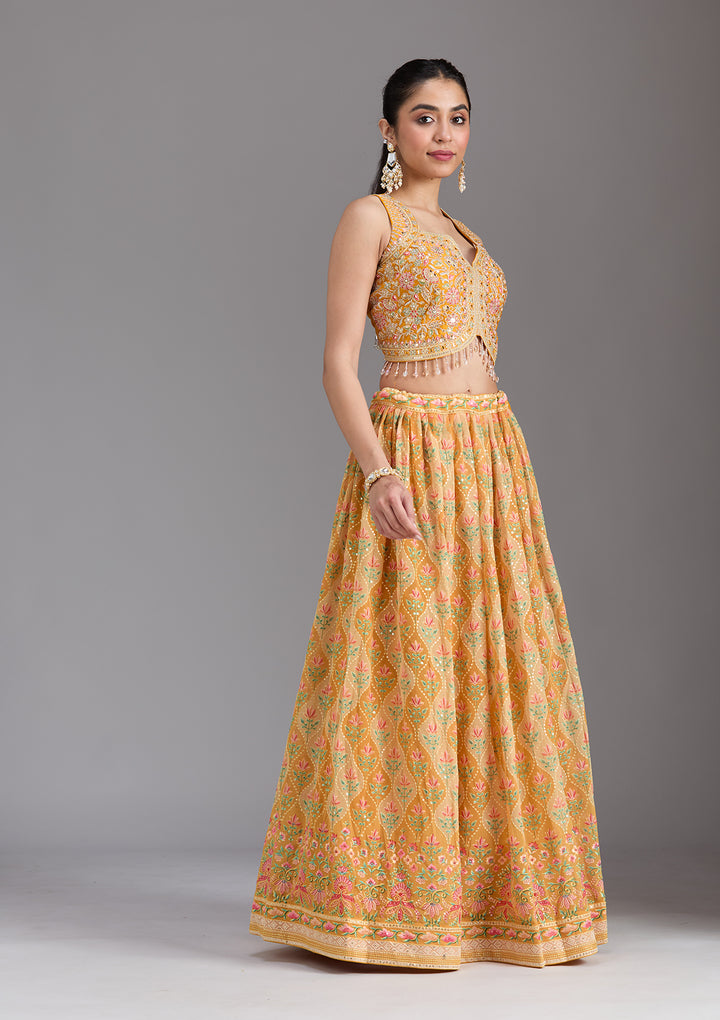 Mustard Yellow Zariwork (Gold) Georgette Readymade Lehenga