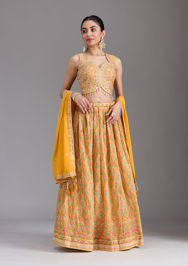 Mustard Yellow Zariwork (Gold) Georgette Readymade Lehenga