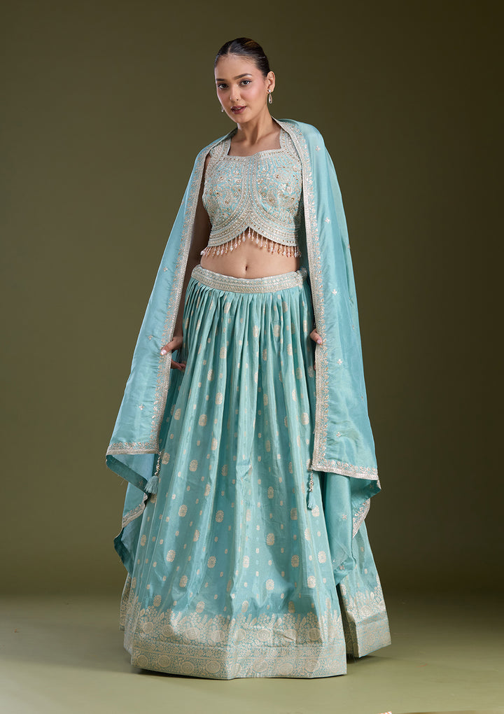 Sky Blue Sequins Banarasi Readymade Lehenga