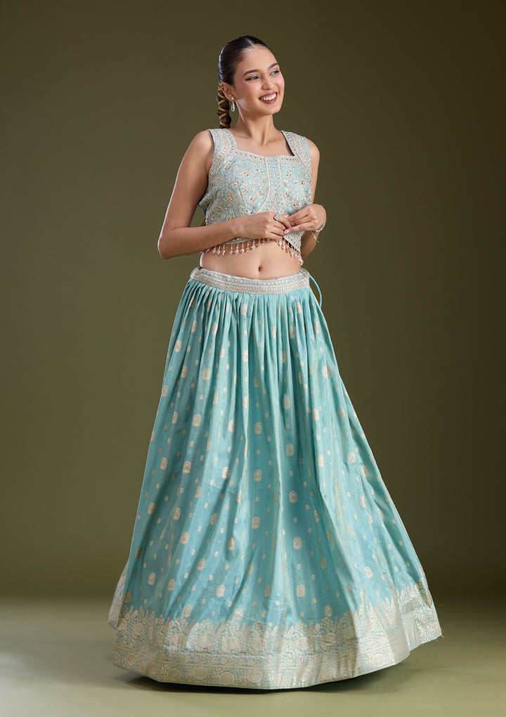Sky Blue Sequins Banarasi Readymade Lehenga