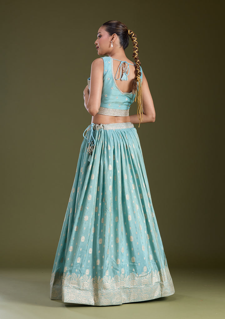 Sky Blue Sequins Banarasi Readymade Lehenga
