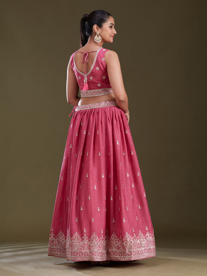 Pink Zariwork (Silver) Soft Raw Silk Readymade Lehenga