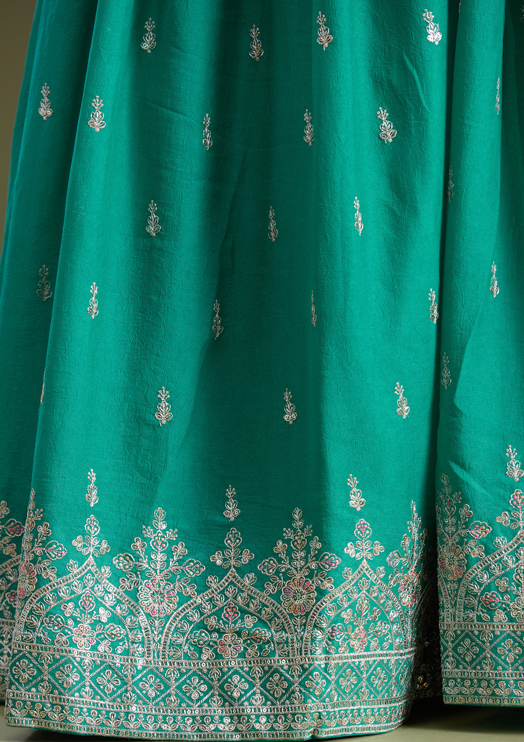 Sea Green Zariwork (Gold) Soft Raw Silk Readymade Lehenga