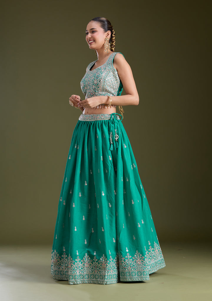 Sea Green Zariwork (Gold) Soft Raw Silk Readymade Lehenga