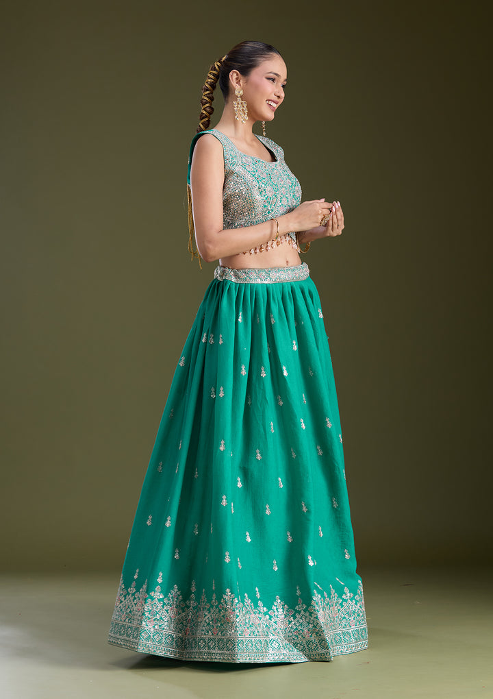 Sea Green Zariwork (Gold) Soft Raw Silk Readymade Lehenga