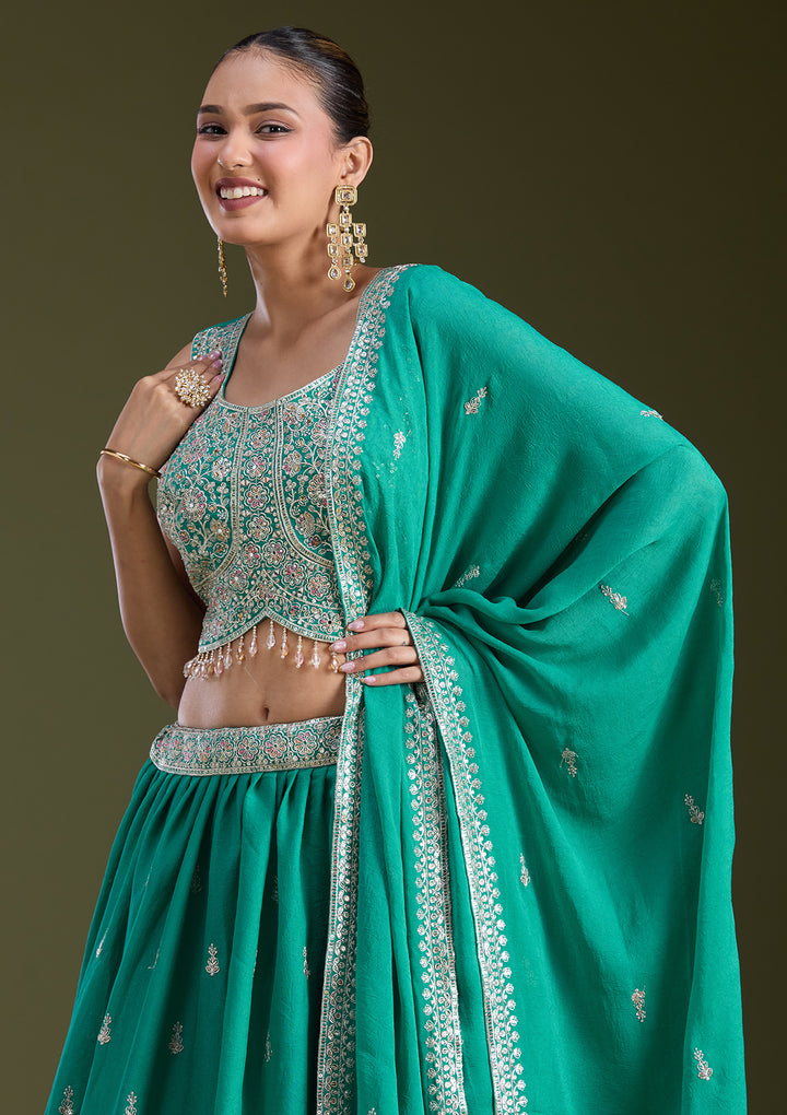 Sea Green Zariwork (Gold) Soft Raw Silk Readymade Lehenga