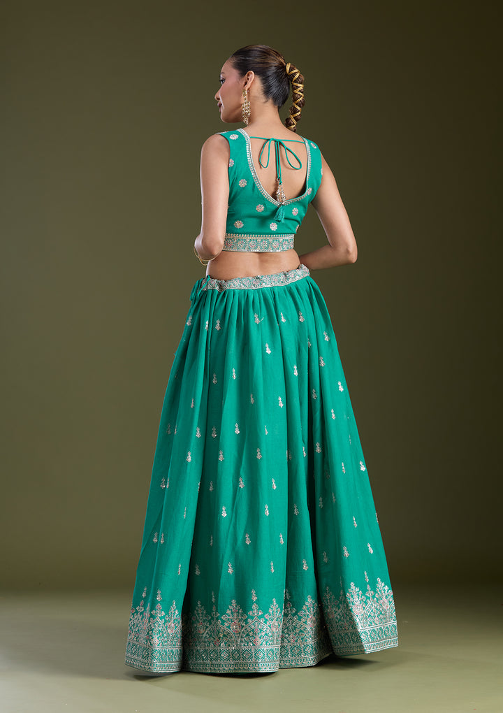 Sea Green Zariwork (Gold) Soft Raw Silk Readymade Lehenga