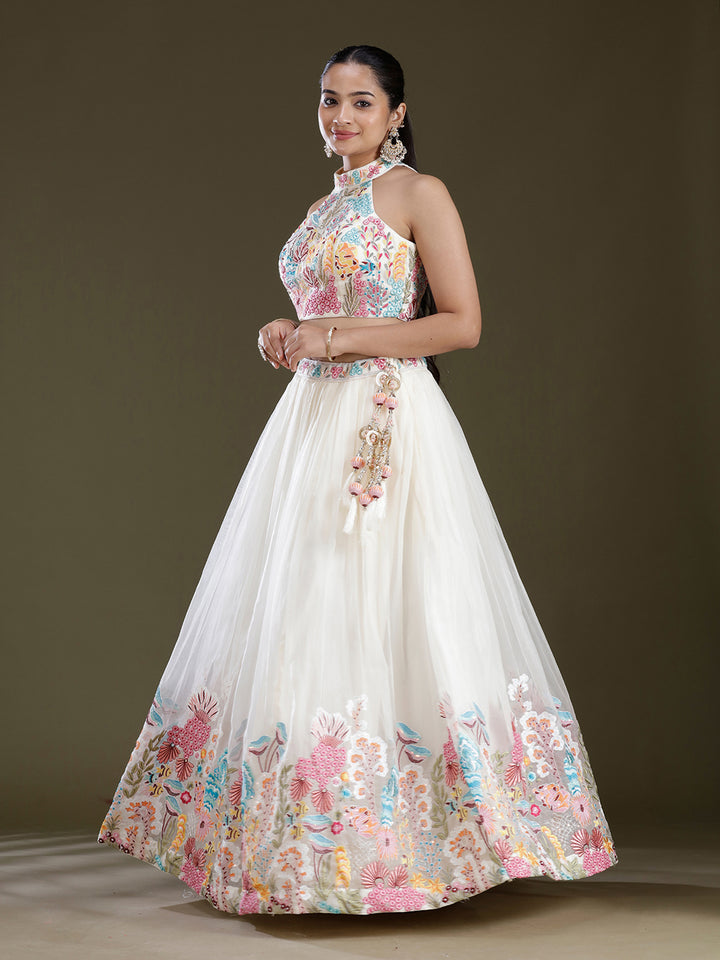 Off White Threadwork Organza Readymade Lehenga