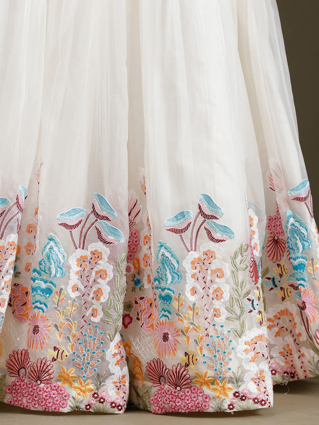 Off White Threadwork Organza Readymade Lehenga