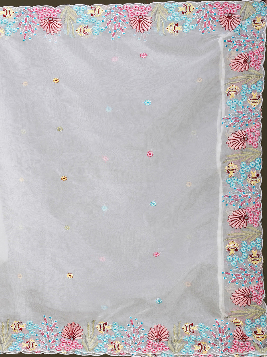 Off White Threadwork Organza Readymade Lehenga