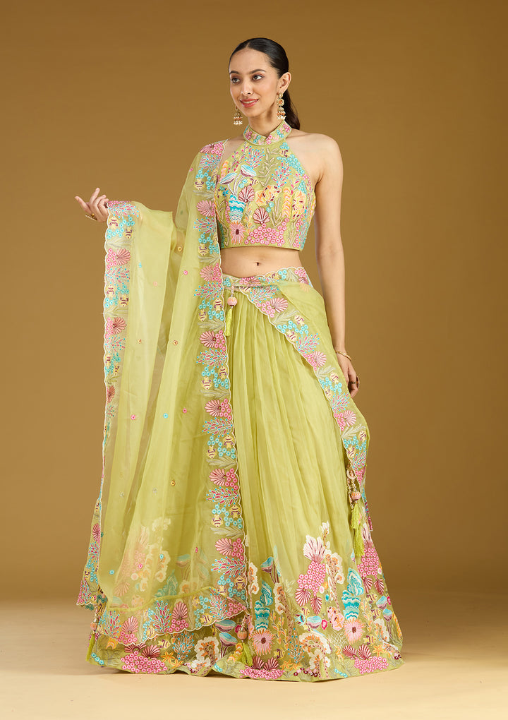 Pista Green Threadwork Organza Readymade Lehenga