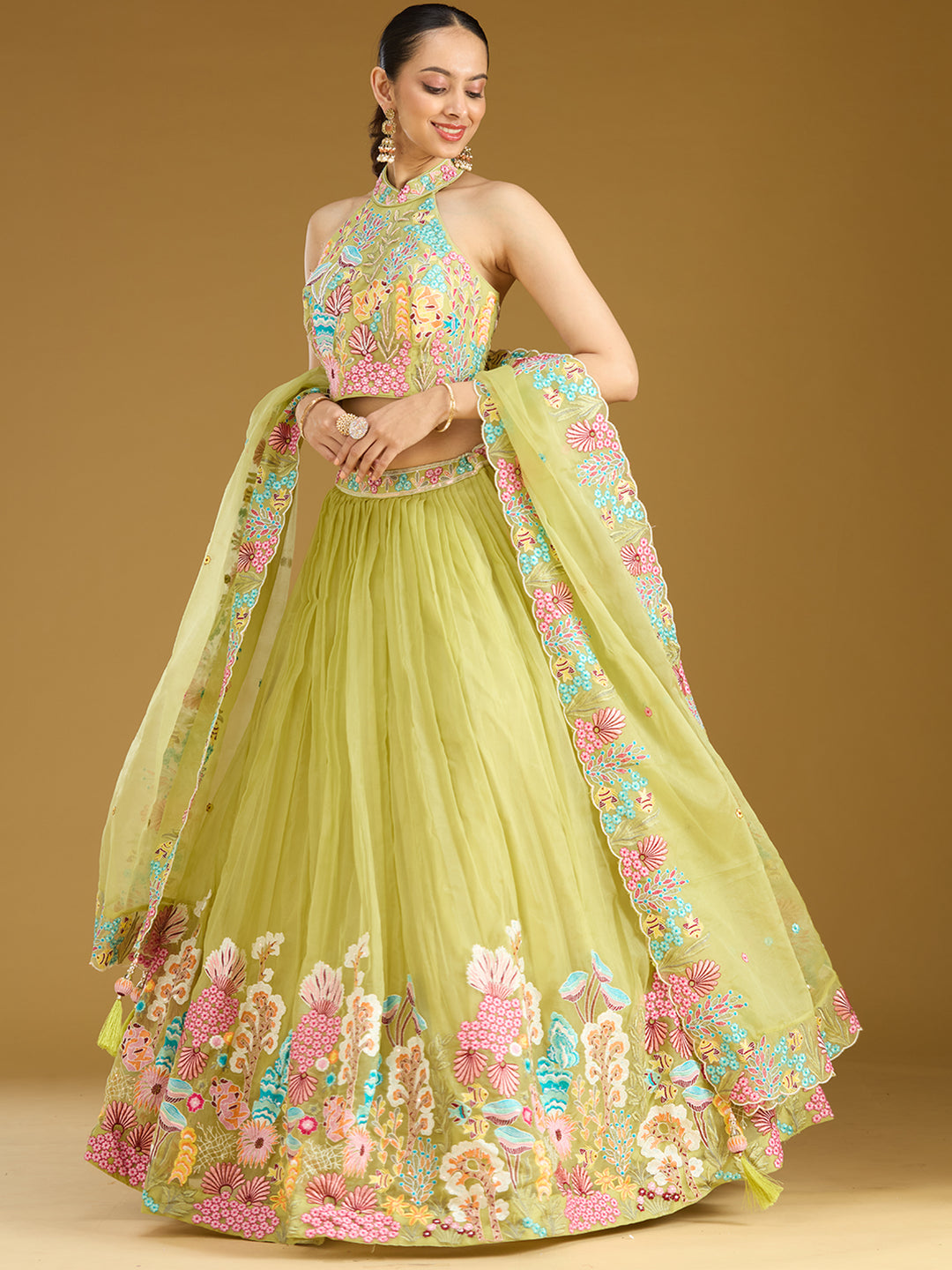 Pista Green Threadwork Organza Readymade Lehenga