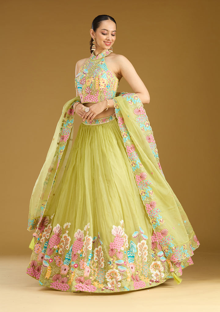 Pista Green Threadwork Organza Readymade Lehenga