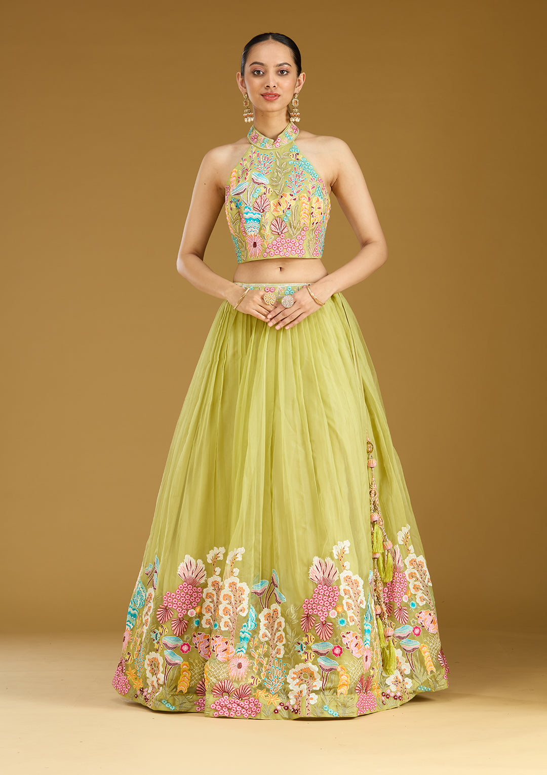 Pista Green Threadwork Organza Readymade Lehenga