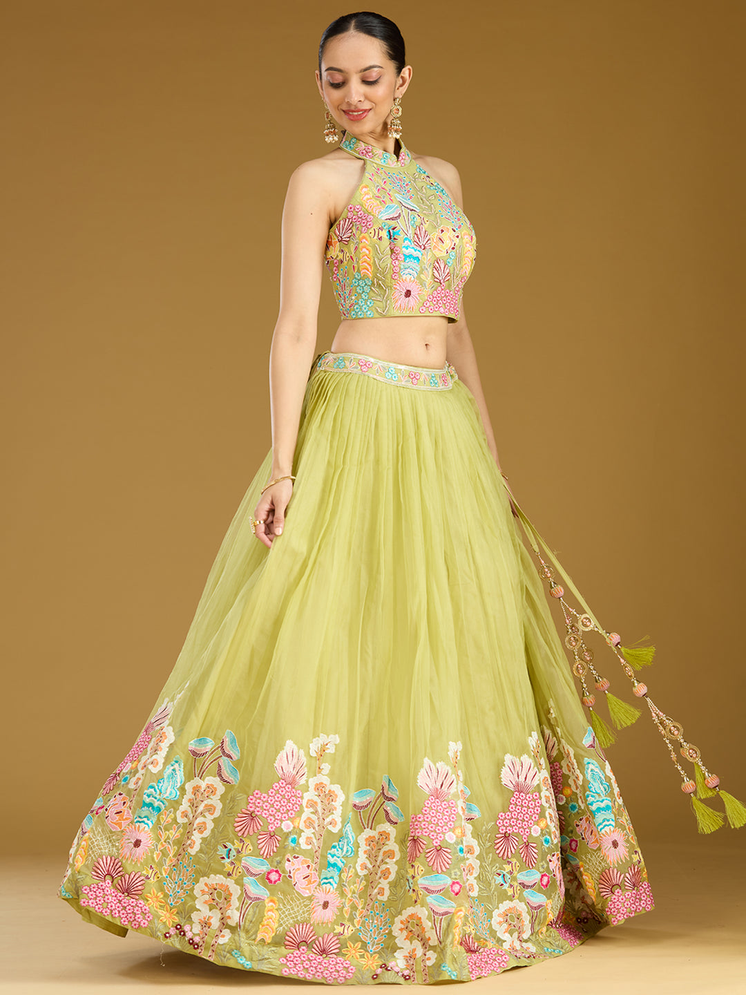 Pista Green Threadwork Organza Readymade Lehenga