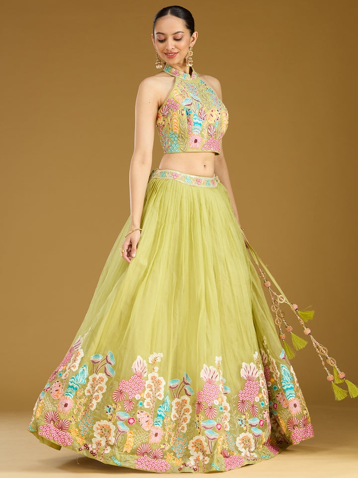 Pista Green Threadwork Organza Readymade Lehenga