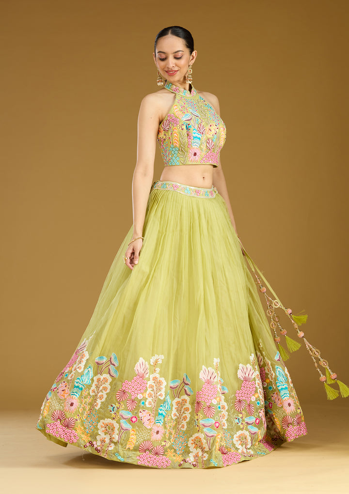 Pista Green Threadwork Organza Readymade Lehenga