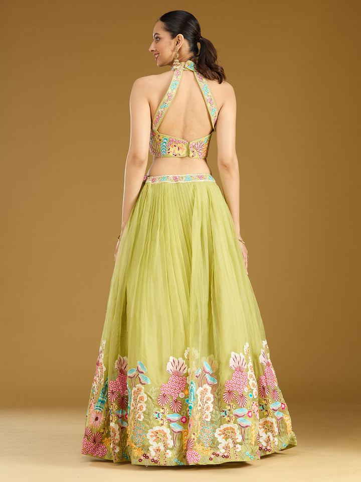 Pista Green Threadwork Organza Readymade Lehenga