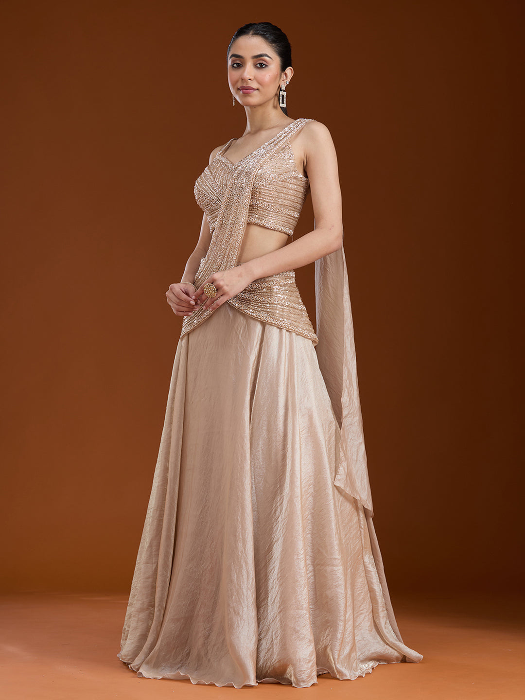 Beige Pearlwork Organza Readymade Lehenga