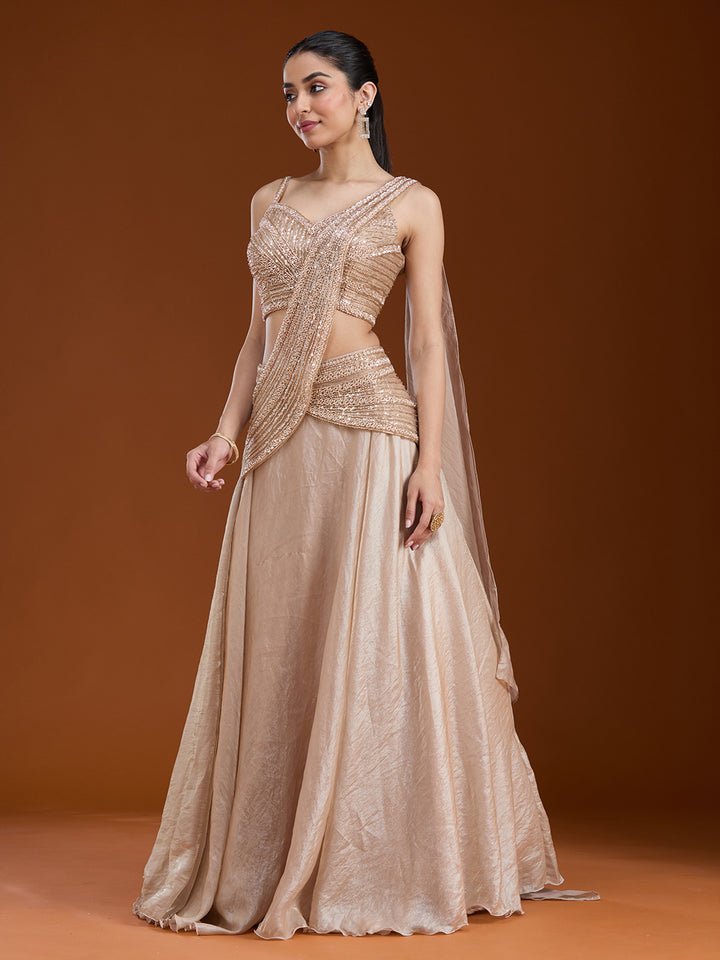 Beige Pearlwork Organza Readymade Lehenga