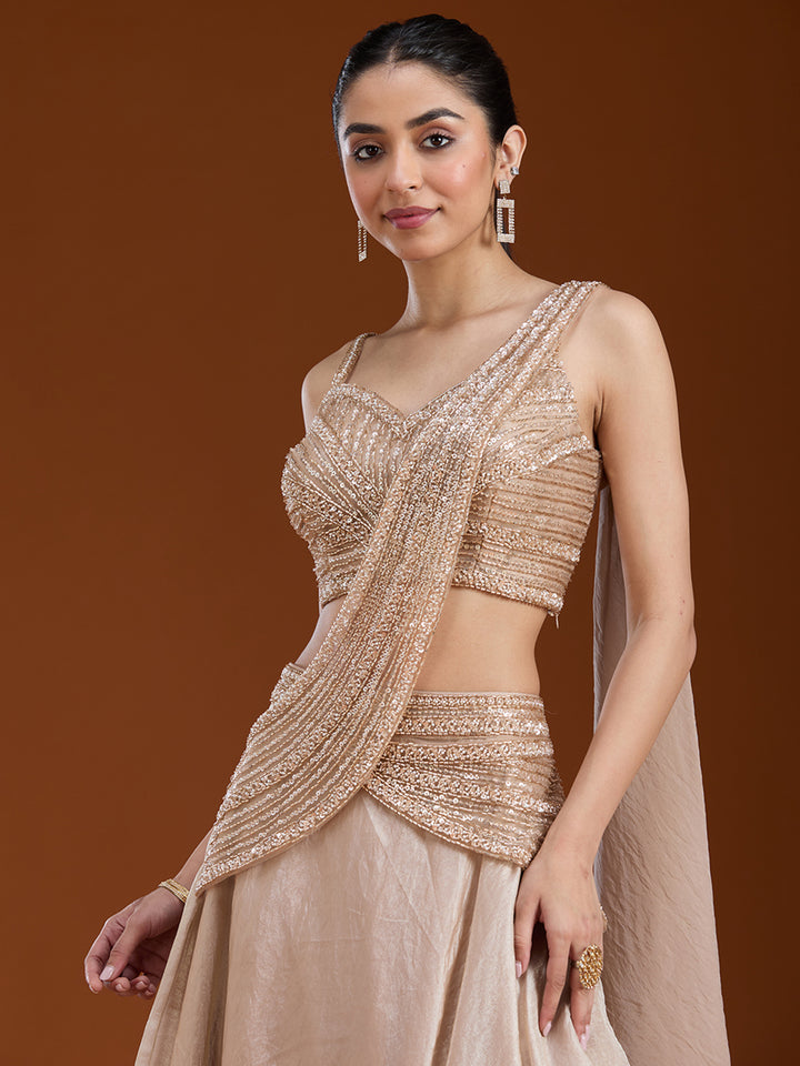 Beige Pearlwork Organza Readymade Lehenga