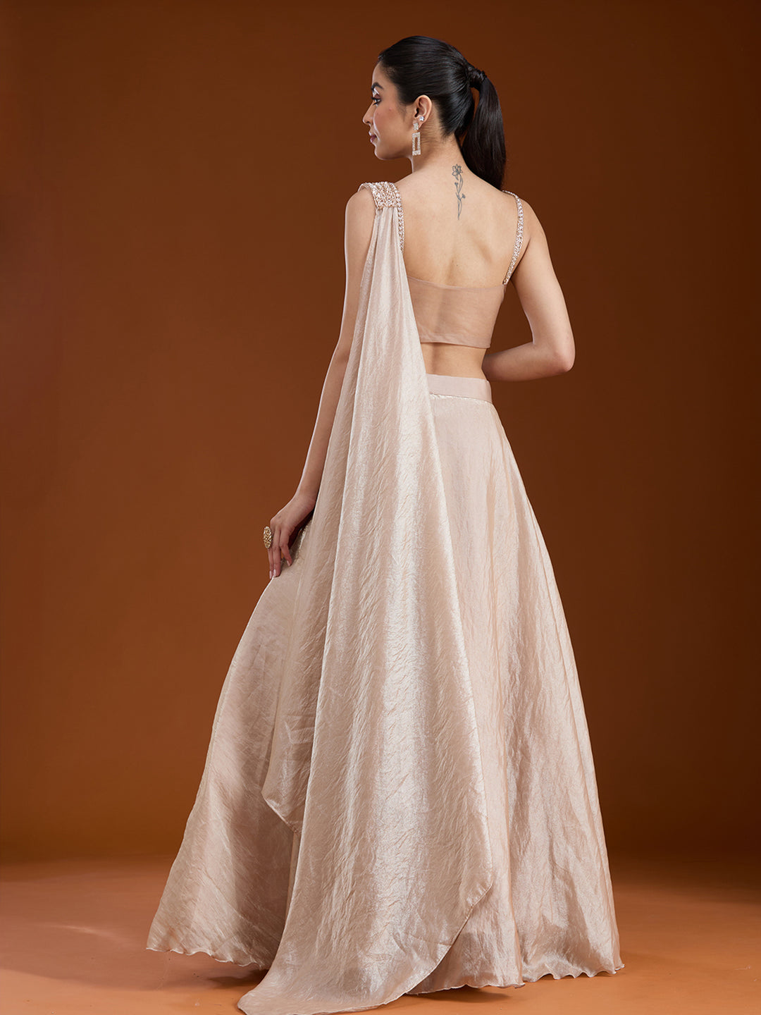 Beige Pearlwork Organza Readymade Lehenga