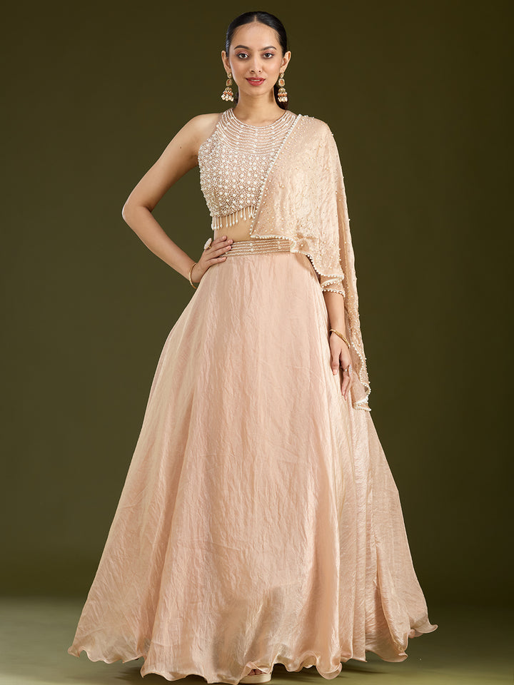 Beige Pearlwork Organza Readymade Lehenga