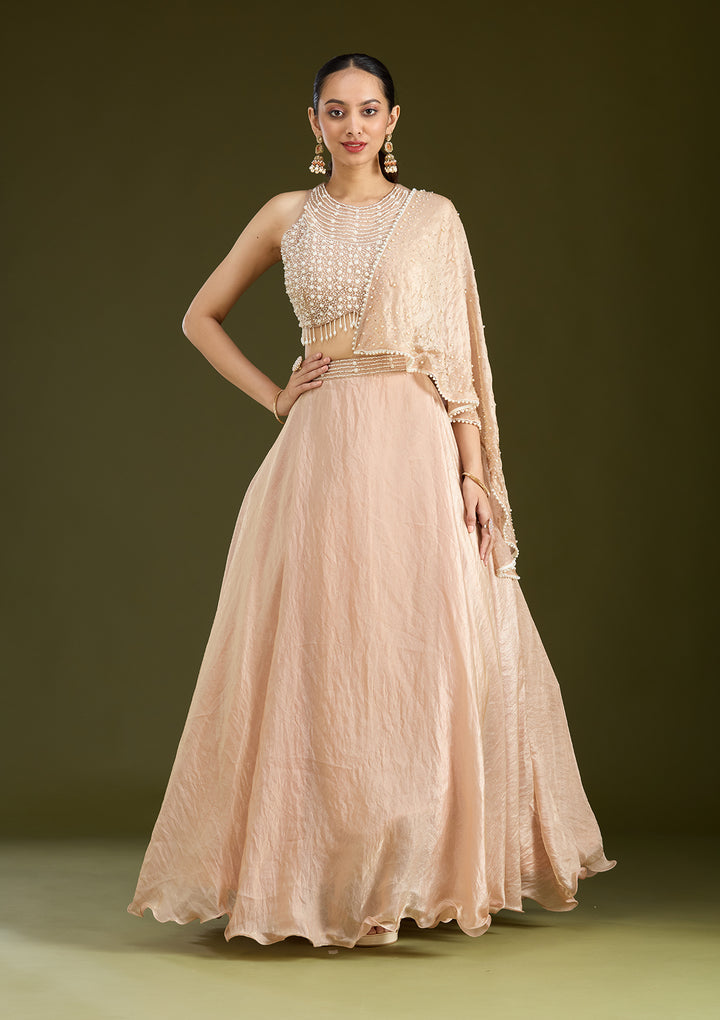 Beige Pearlwork Organza Readymade Lehenga